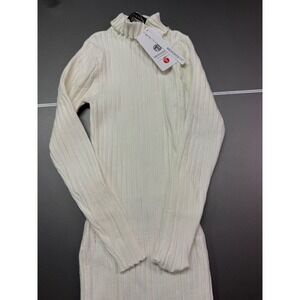 Merokeety Womens Cream White Ribbed Knit Mock Neck Long Sleeve Maxi Dress Size S